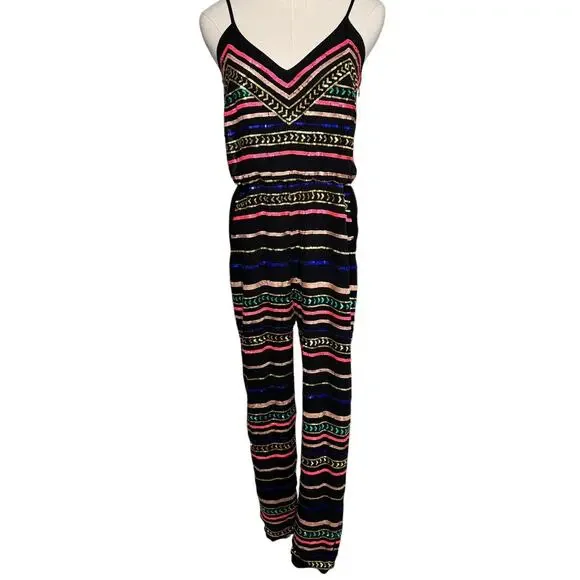 Mara Hoffman Sequin Striped Georgette Spaghetti Strap Jumpsuit black size XS - Picture 7 of 13
